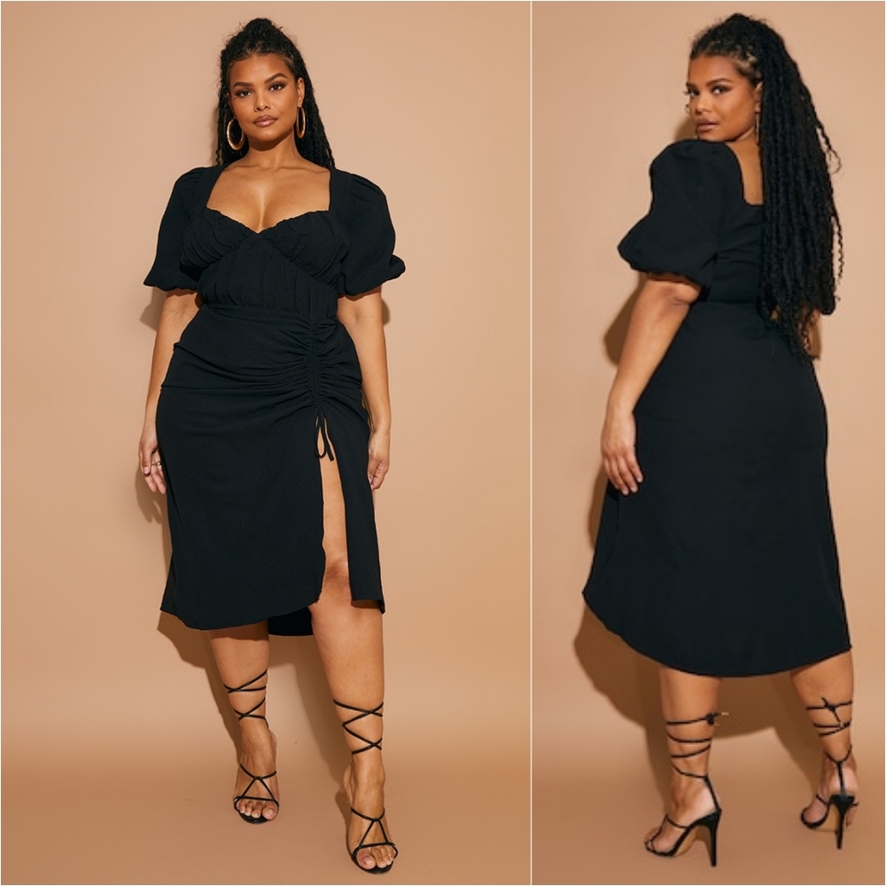 #3 NWT PRETTY LITTLE THING  Black Puff Sleeve Ruched Side Split Midi Dress